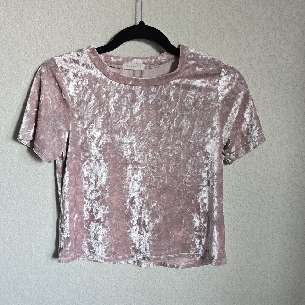 Occasion Pink Crushed Velvet Short Sleeve Crop Top S